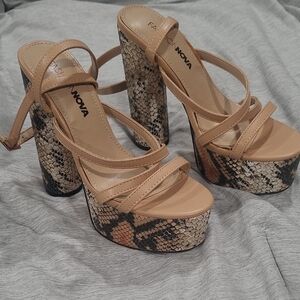 Fashion Nova Beige and Snake Print Platform Sandals